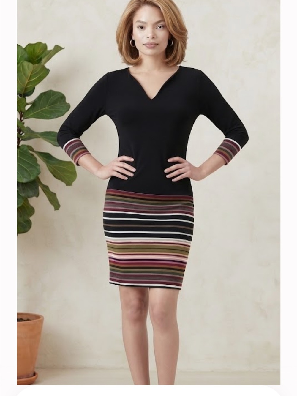 🔴 Elegant Black and Multicolor Striped Dress-M-L